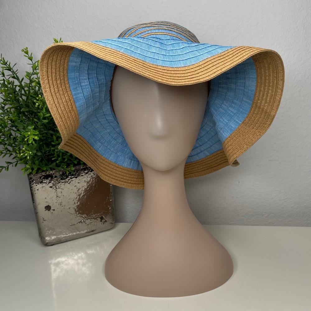 Tahari Womens Wide Brim Floppy Sun Hat Blue Tan Striped Bow Detail Costal Chic